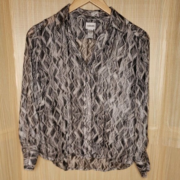 Chico's Womens Silver Shimmer Silk Semi Sheer Blouse Small - Picture 1 of 7